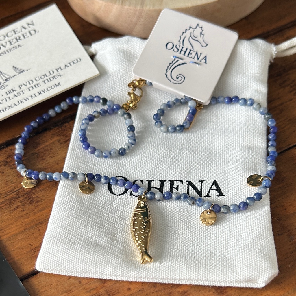 Oshena Designer Beachwear Blue And Gold Beaded Necklace 100$